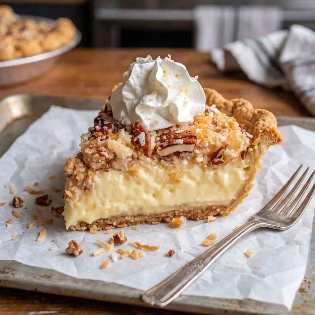 Old fashioned sawdust pie sliced on a plate