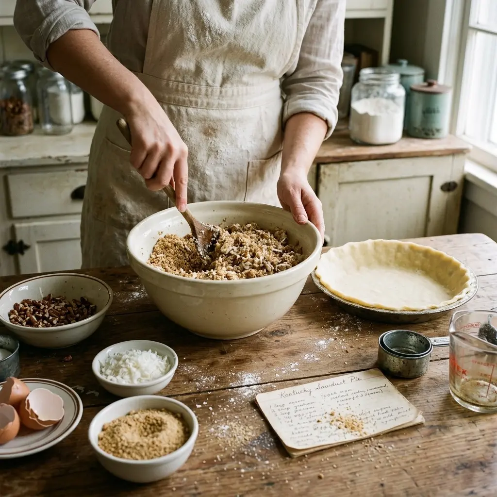 Old Fashioned Sawdust Pie 5 Folding graham cracker crumbs, coconut, and pecans into sawdust pie filling