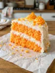 A slice of orange crush cake with two soft orange layers, white frosting, and orange frosting rosettes
