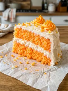 A slice of orange crush cake with two soft orange layers, white frosting, and orange frosting rosettes