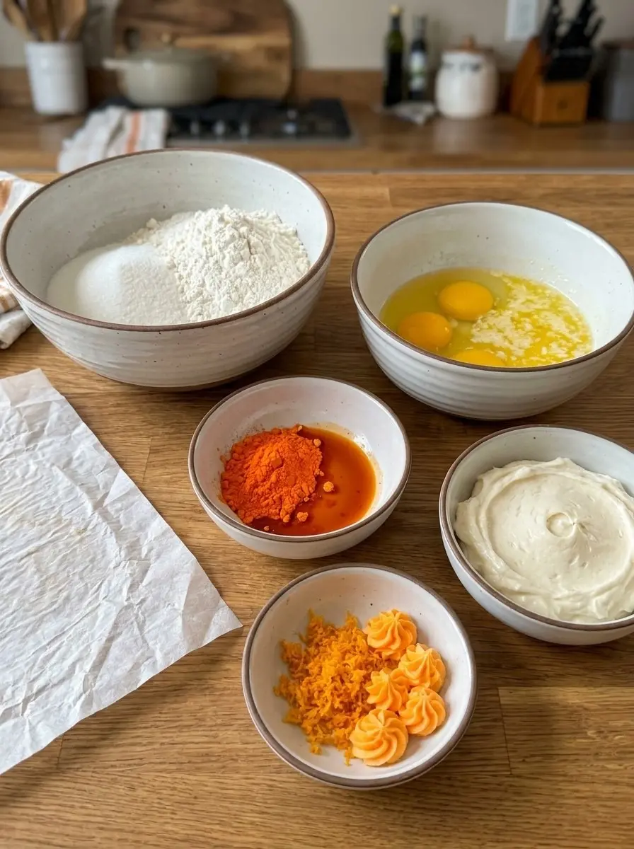 Ingredients for orange crush cake laid out in bowls: flour, sugar, eggs, orange flavoring, orange zest, and frosting
