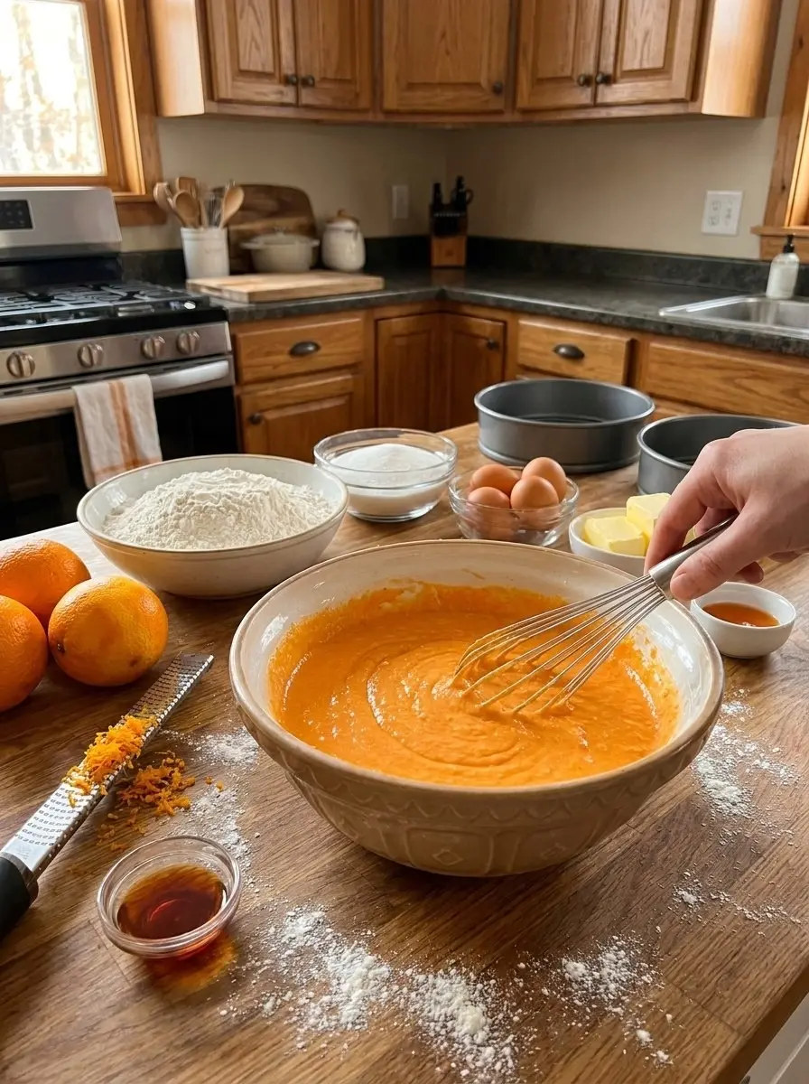 Whisking bright orange cake batter in a large bowl for orange crush cake