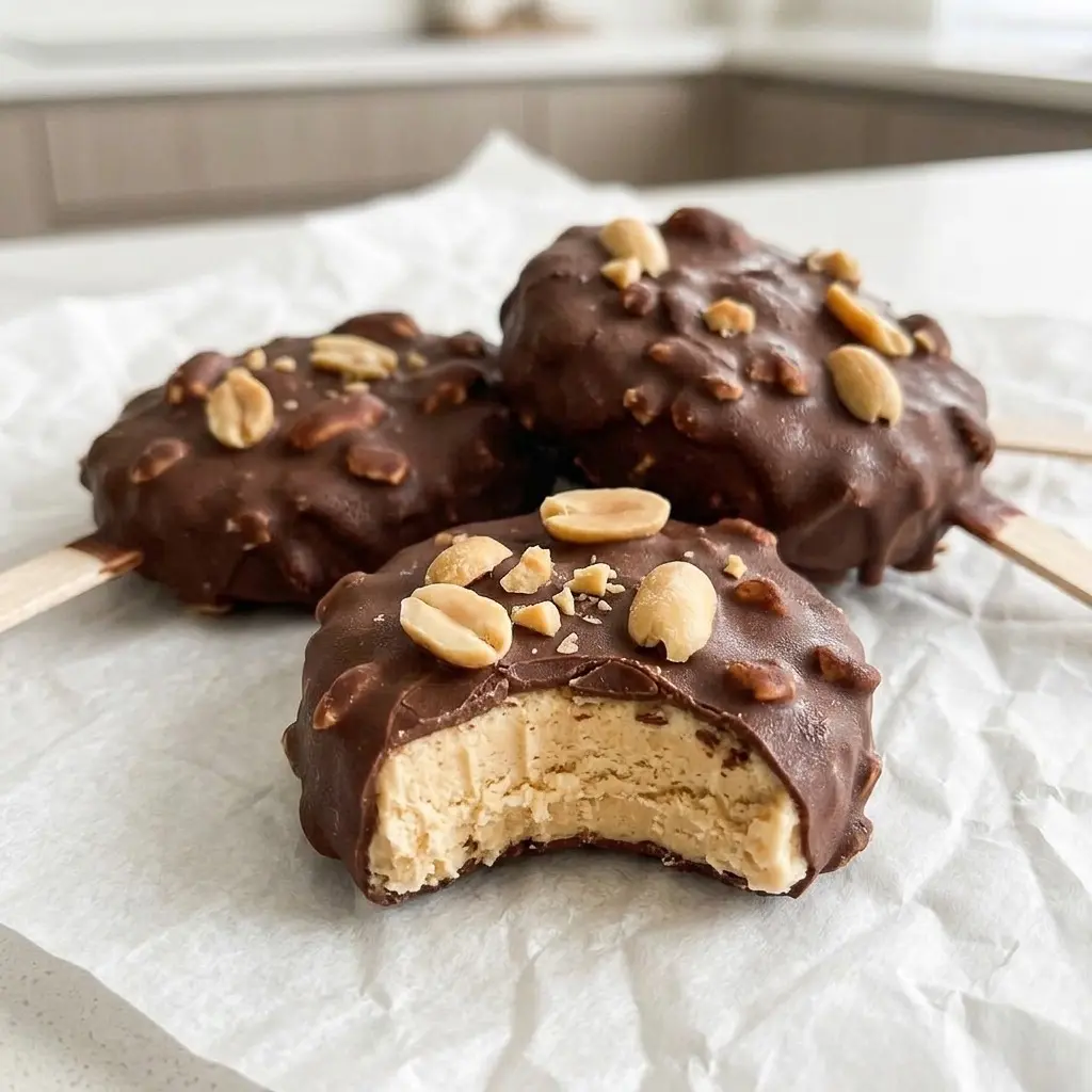 Chocolate-coated peanut butter frozen yogurt bars on sticks topped with chopped peanuts, one with a bite taken out