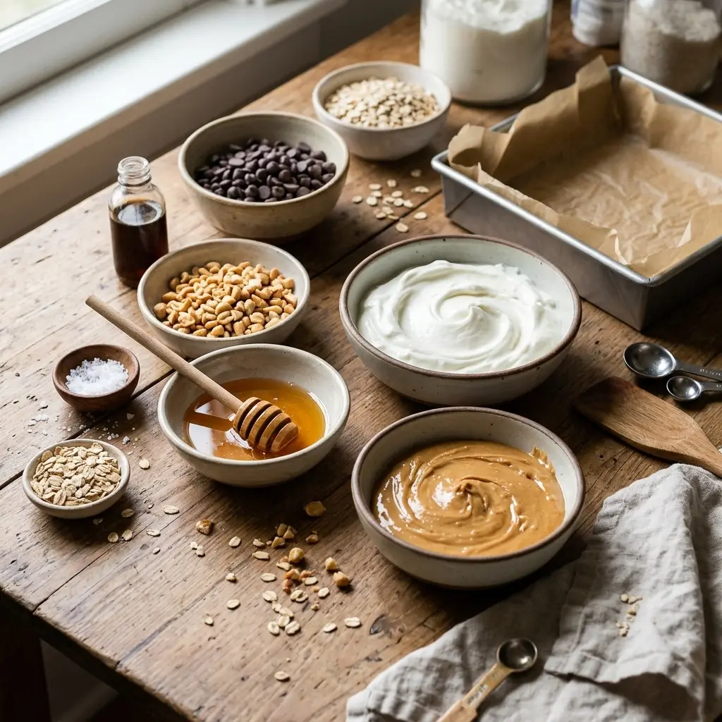 Peanut Butter Frozen Yogurt Bars 4 Ingredients for peanut butter frozen yogurt bars: Greek yogurt, peanut butter, honey, peanuts, chocolate chips, oats, vanilla, and salt