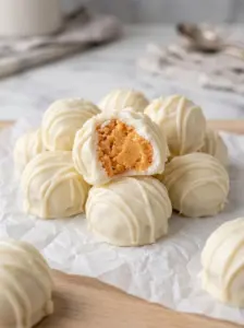 A stack of peanut butter snowballs coated in white chocolate with drizzle, one bitten to show the creamy peanut butter center