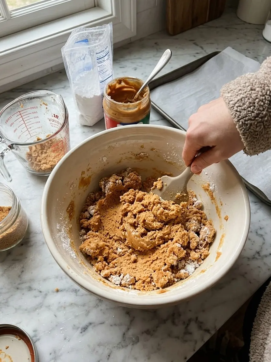 Peanut Butter Snowballs 5 Mixing crumbly peanut butter, powdered sugar, and graham cracker dough in a large bowl for peanut butter snowballs