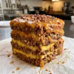 Pecan Praline Cake 6 Pecan praline cake slice with gooey caramel pecan praline topping and layers of yellow cake