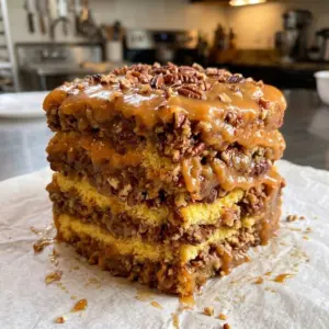 Pecan praline cake slice with gooey caramel pecan praline topping and layers of yellow cake