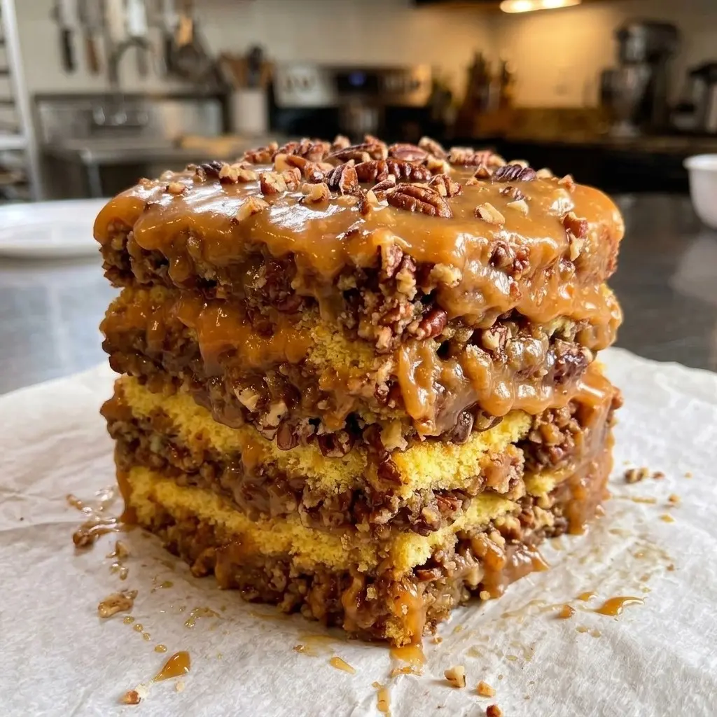 Pecan praline cake slice with gooey caramel pecan praline topping and layers of yellow cake