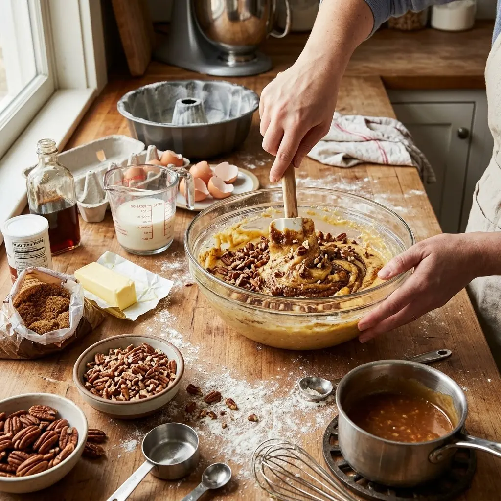 Pecan Praline Cake 5 Folding chopped pecans into pecan praline cake batter in a large glass bowl