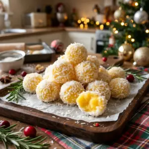 Pineapple Christmas balls rolled in coconut on a holiday tray
