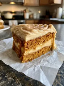 Square of pumpkin spice gooey cake with a creamy cheesecake layer and brown sugar cream cheese frosting dusted with cinnamon