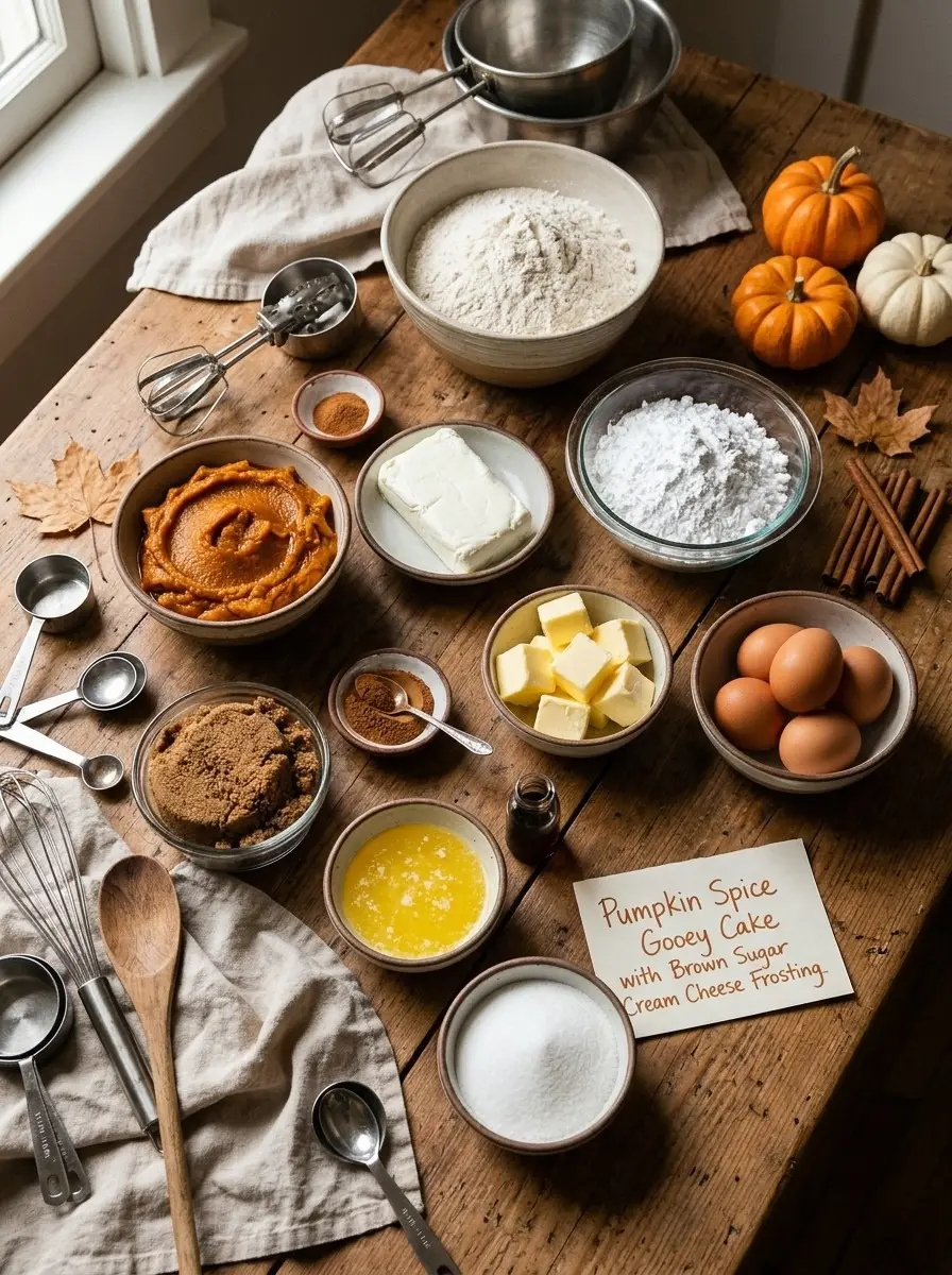 Ingredients for pumpkin spice gooey cake: pumpkin puree, cream cheese, powdered sugar, brown sugar, butter, eggs, flour, spices, and a recipe card