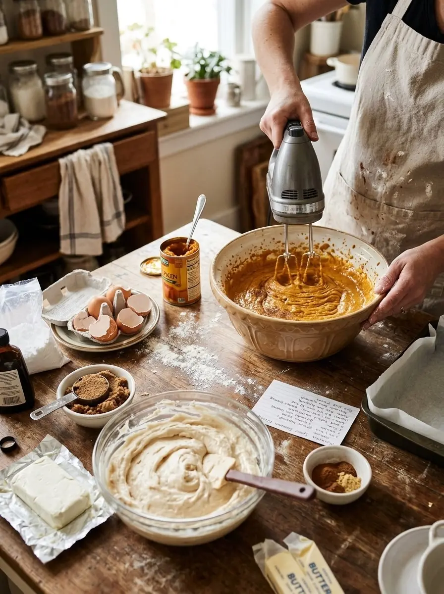Beating pumpkin spice batter with a hand mixer next to a bowl of cream cheese mixture for pumpkin spice gooey cake