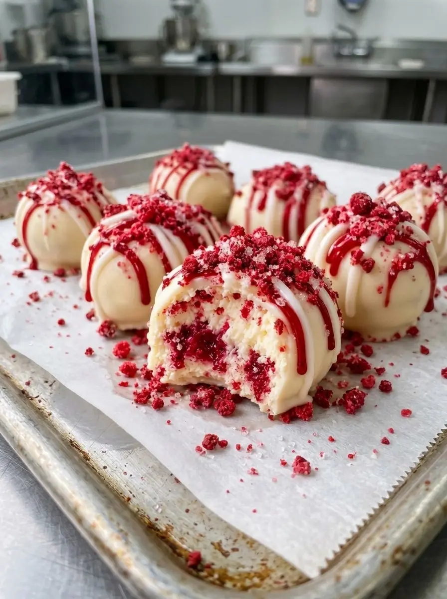 Raspberry cheesecake balls coated in white chocolate with red drizzle and crushed freeze-dried raspberries, one bitten to show the raspberry swirled cream cheese center