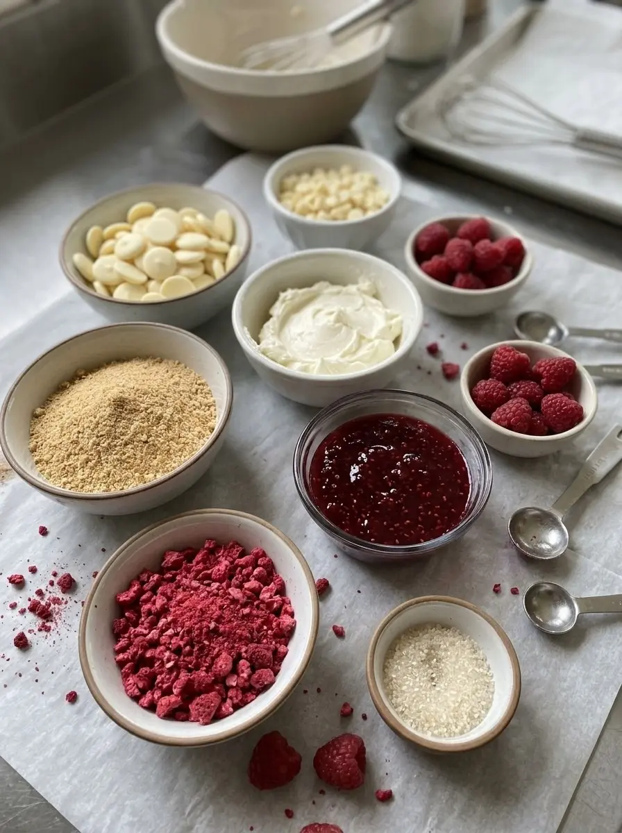 Raspberry Cheesecake Balls 4 Ingredients for raspberry cheesecake balls: white chocolate, cream cheese, fresh raspberries, raspberry jam, graham cracker crumbs, and freeze-dried raspberries