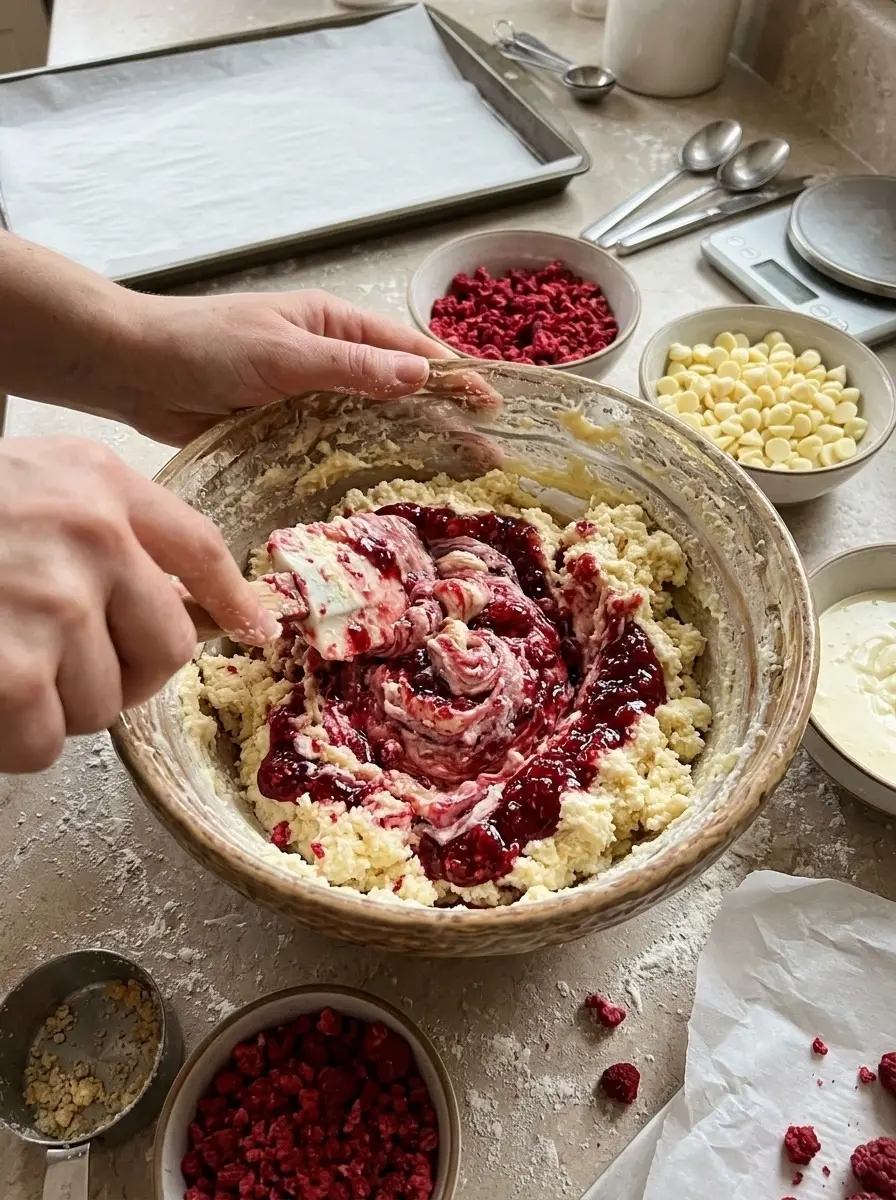 Raspberry Cheesecake Balls 5 Swirling raspberry jam into a cream cheese and graham cracker mixture in a large bowl for raspberry cheesecake balls