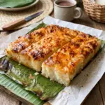 Royal Bibingka 6 Royal bibingka, a golden cheesy Filipino coconut rice cake, cut into squares on banana leaf