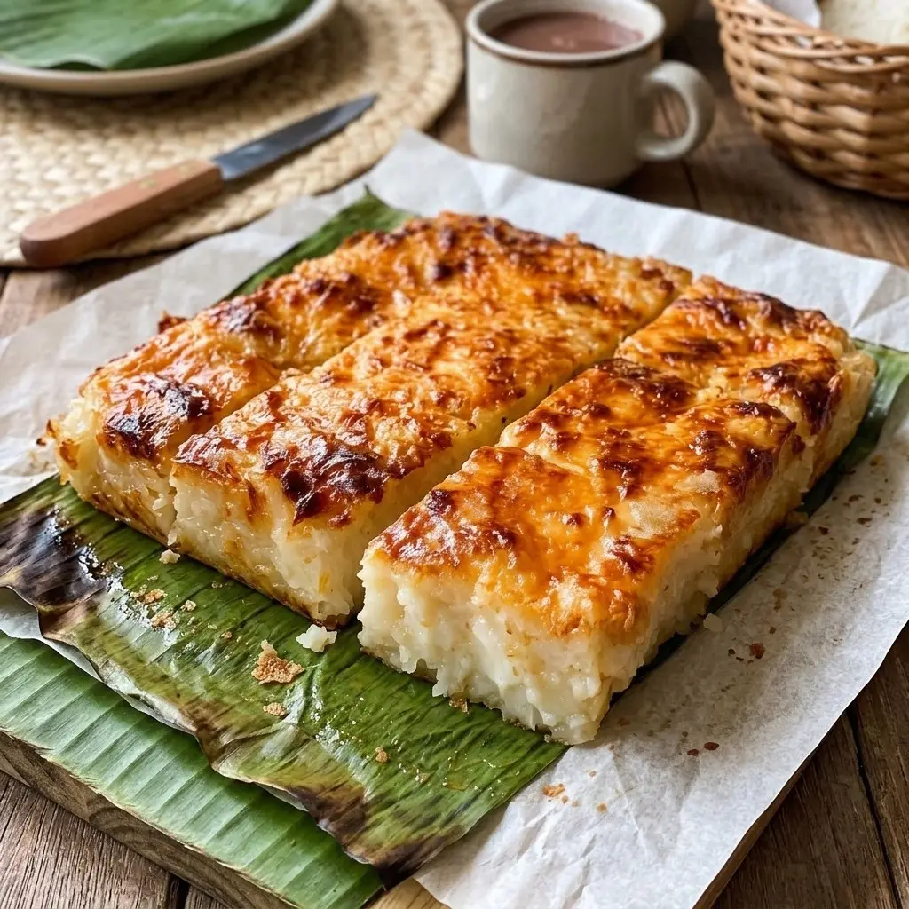 Royal bibingka, a golden cheesy Filipino coconut rice cake, cut into squares on banana leaf