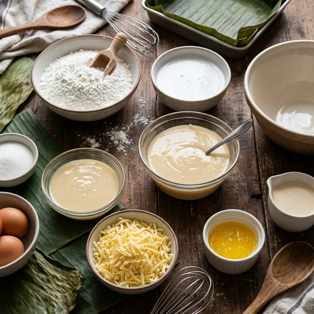 Royal Bibingka 4 Ingredients for royal bibingka: glutinous rice flour, coconut milk, eggs, melted butter and shredded cheese