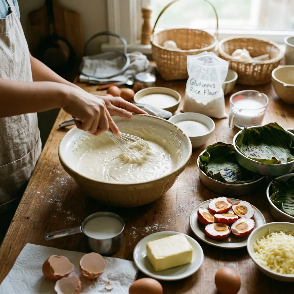 Royal Bibingka 5 Whisking royal bibingka batter in a large bowl with glutinous rice flour and coconut milk