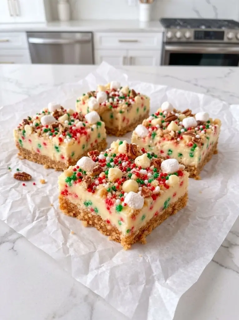 Home 5 No bake sugar cookie bars with a crumb crust, creamy sprinkle filling, and marshmallow, pecan, and sprinkle topping on parchment