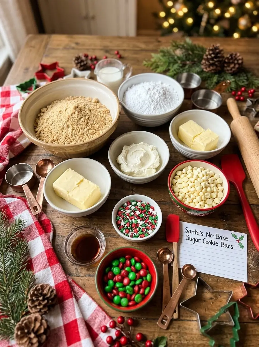 Ingredients for Santa's no-bake sugar cookie bars: cookie crumbs, butter, cream cheese, powdered sugar, white chocolate chips, sprinkles, vanilla, and milk