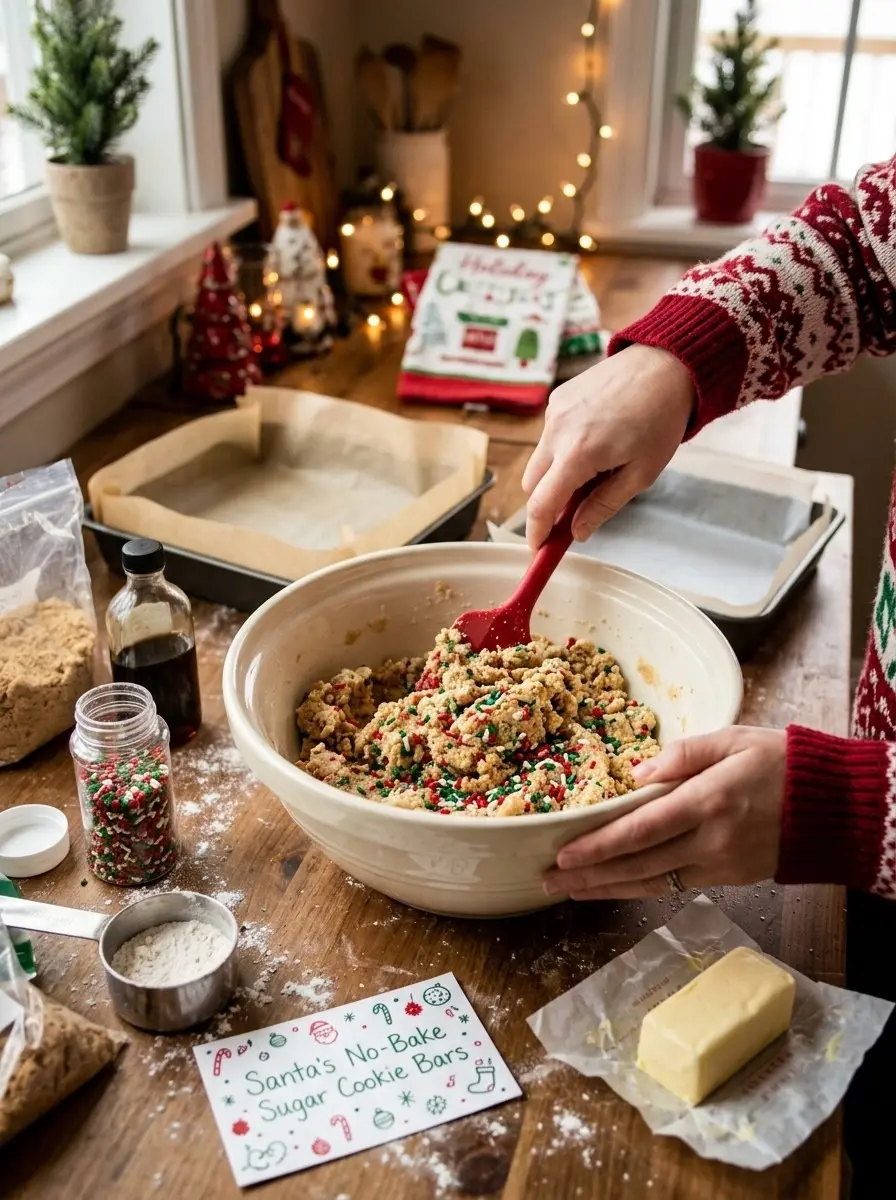 Stirring red, green, and white sprinkles into the cookie crumb mixture for no-bake sugar cookie bars