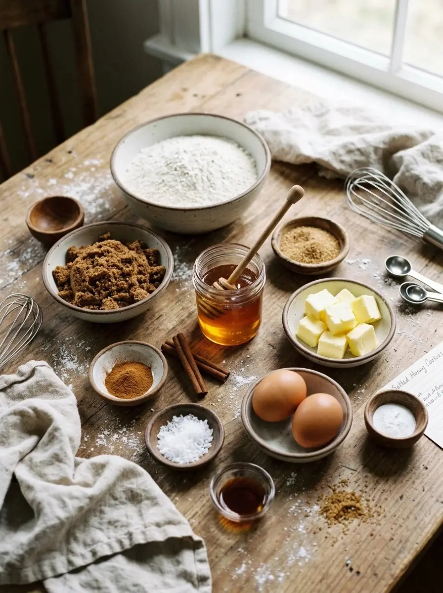 Soft Salted Honey Cookies with Brown Sugar & Cinnamon 4 Ingredients for soft salted honey cookies: flour, brown sugar, honey, butter, eggs, cinnamon, flaky salt, and vanilla