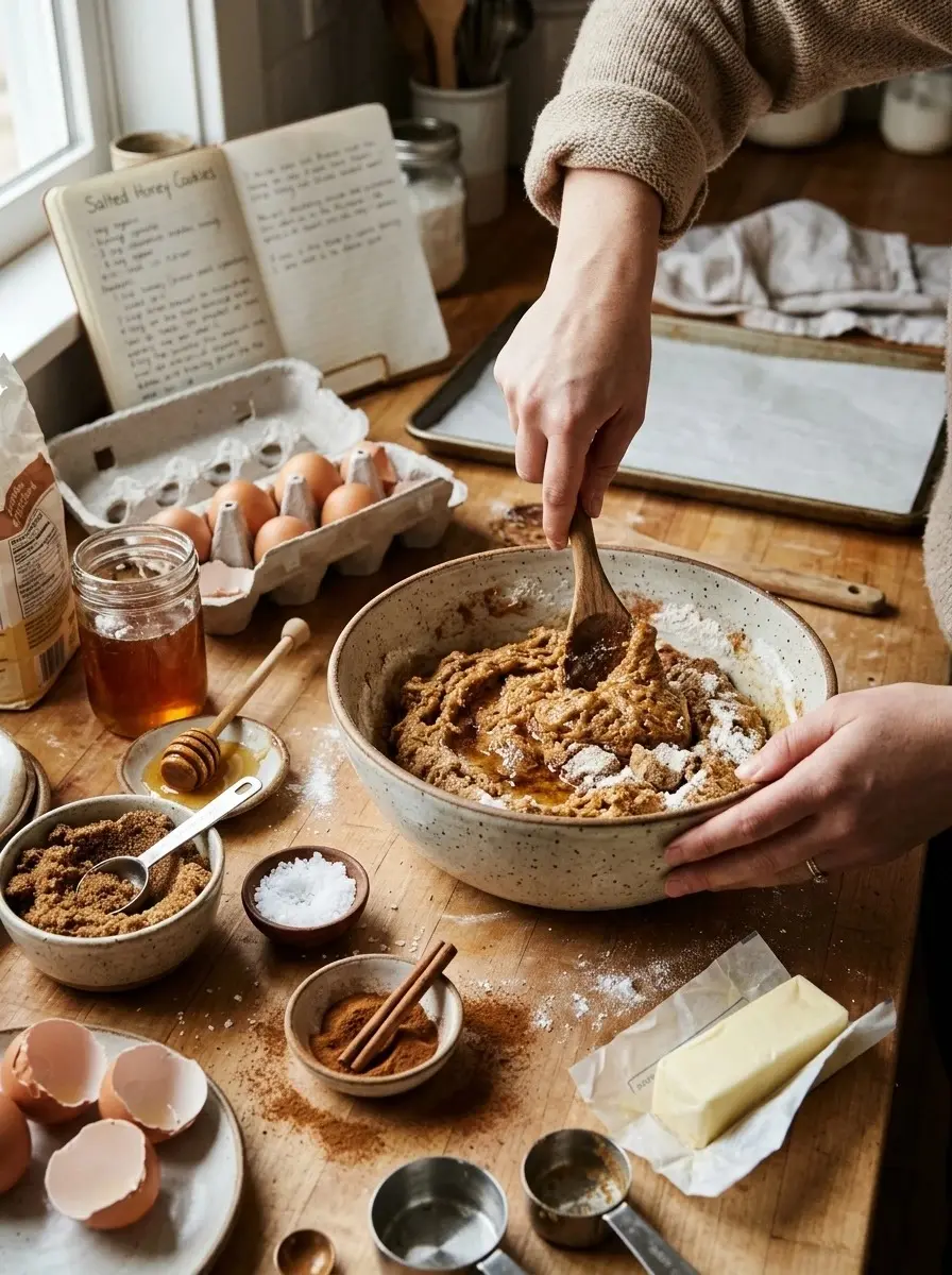Soft Salted Honey Cookies with Brown Sugar & Cinnamon 5 Stirring honey and brown sugar cookie dough in a large bowl for soft salted honey cookies