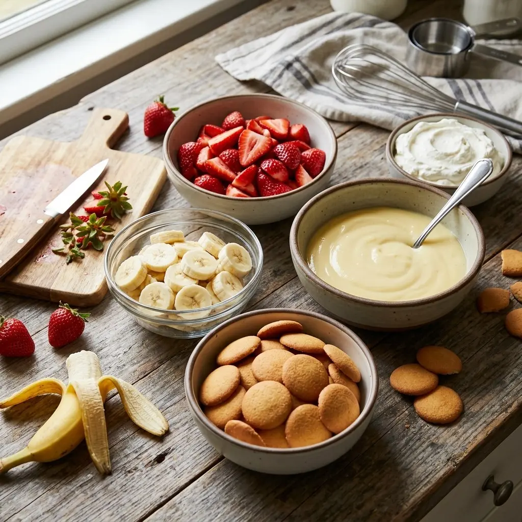Ingredients for strawberry banana pudding: sliced strawberries, bananas, vanilla wafers, vanilla pudding and whipped topping