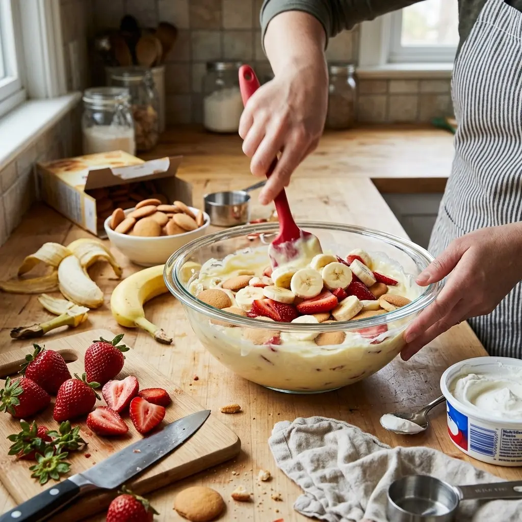 Folding vanilla wafers, banana slices and strawberries into creamy pudding in a glass bowl for strawberry banana pudding