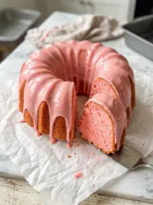 Strawberry bundt cake with pink strawberry glaze dripping down the sides and a slice cut out showing the pink crumb