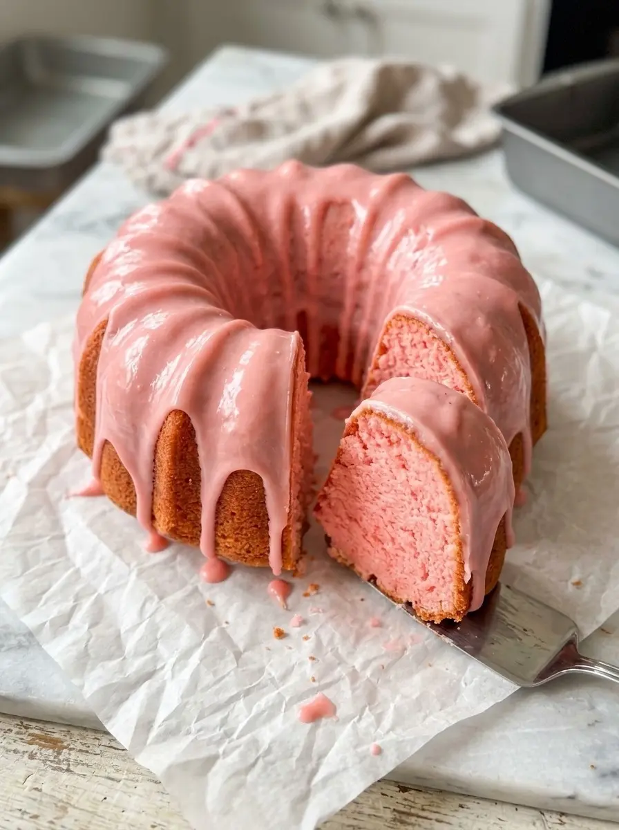 Strawberry bundt cake with pink strawberry glaze dripping down the sides and a slice cut out showing the pink crumb