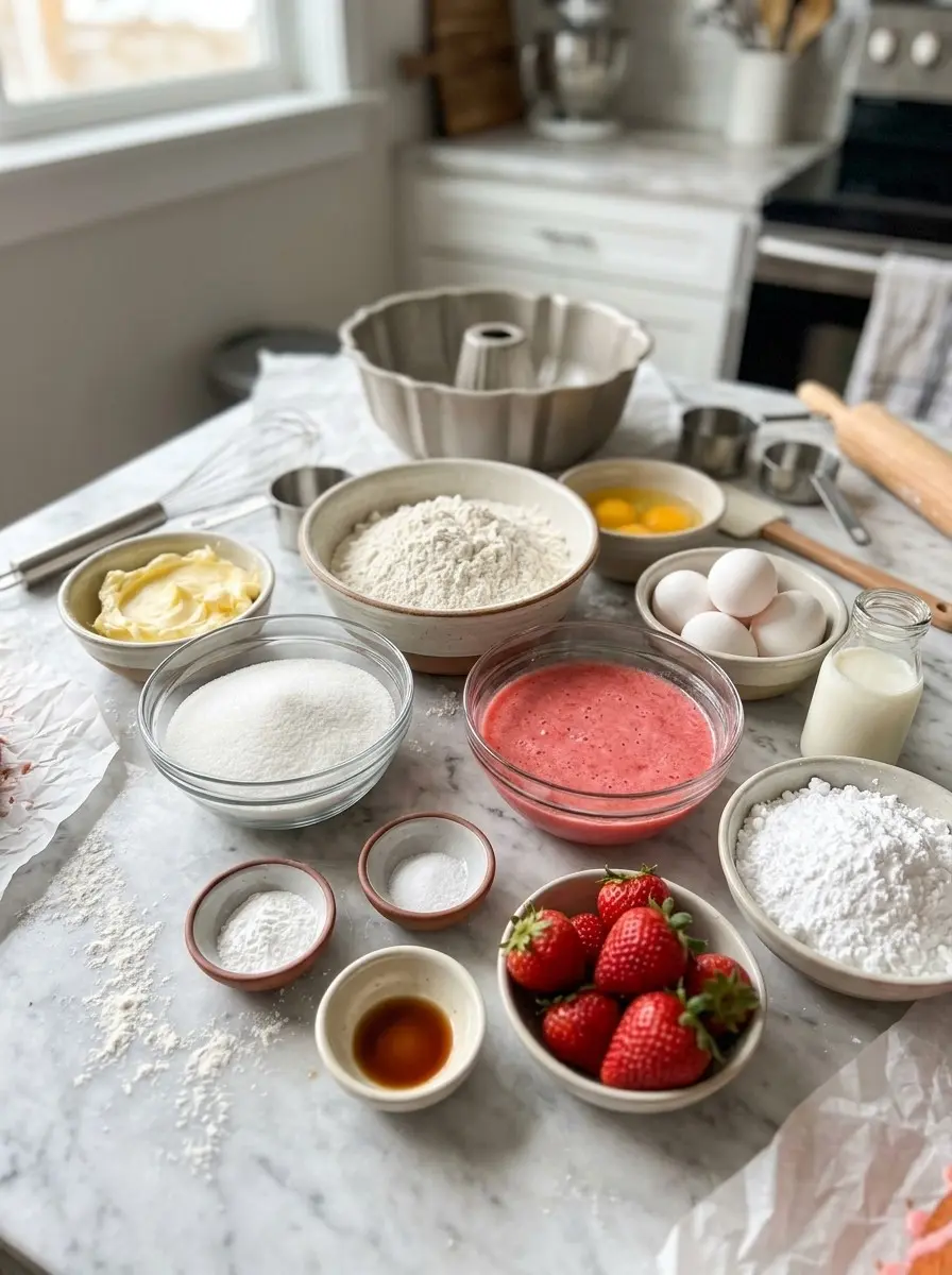 Strawberry Bundt Cake 4 Ingredients for strawberry bundt cake: butter, flour, sugar, eggs, strawberry puree, fresh strawberries, milk and powdered sugar
