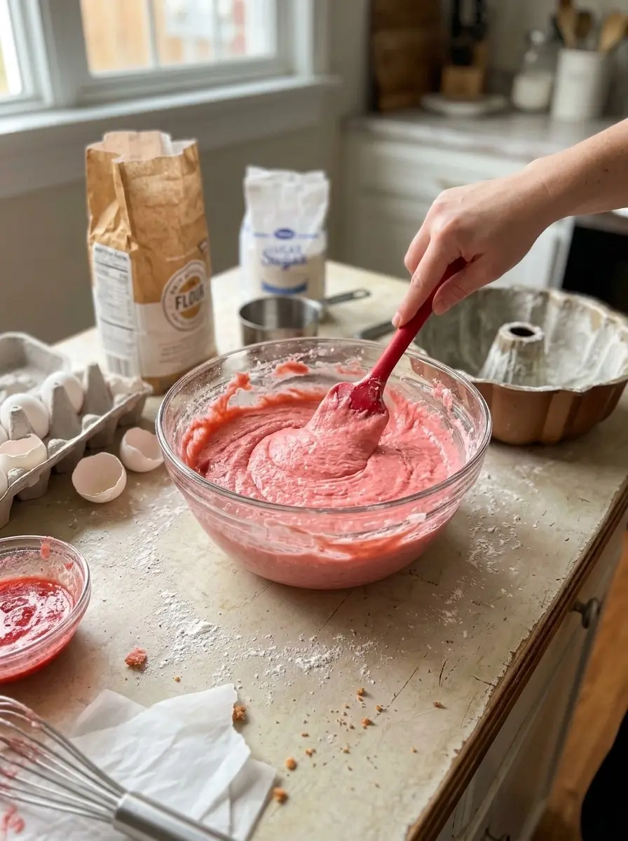 Strawberry Bundt Cake 5 Folding pink strawberry puree batter for strawberry bundt cake in a glass bowl next to a floured bundt pan