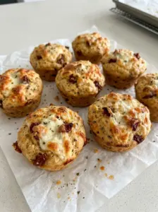Sundried tomato mozzarella breakfast muffins with golden melted cheese tops and chewy sundried tomato pieces