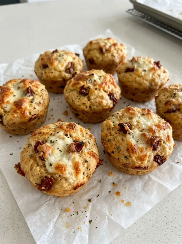 Sundried tomato mozzarella breakfast muffins with golden melted cheese tops and chewy sundried tomato pieces