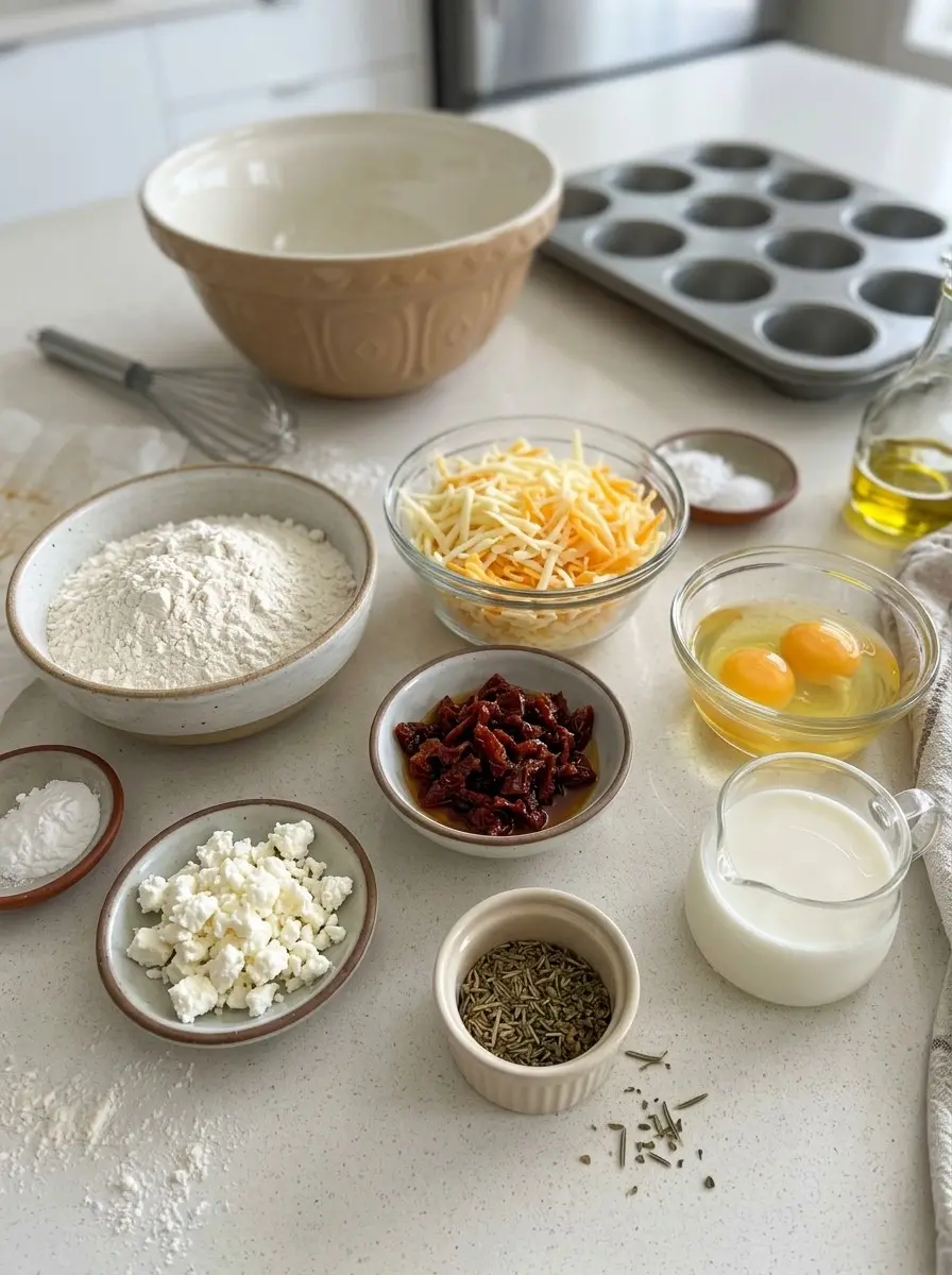 Sundried Tomato Mozzarella Breakfast Muffins 4 Ingredients for sundried tomato mozzarella breakfast muffins: flour, shredded cheese, sundried tomatoes, feta, eggs, milk, olive oil and herbs