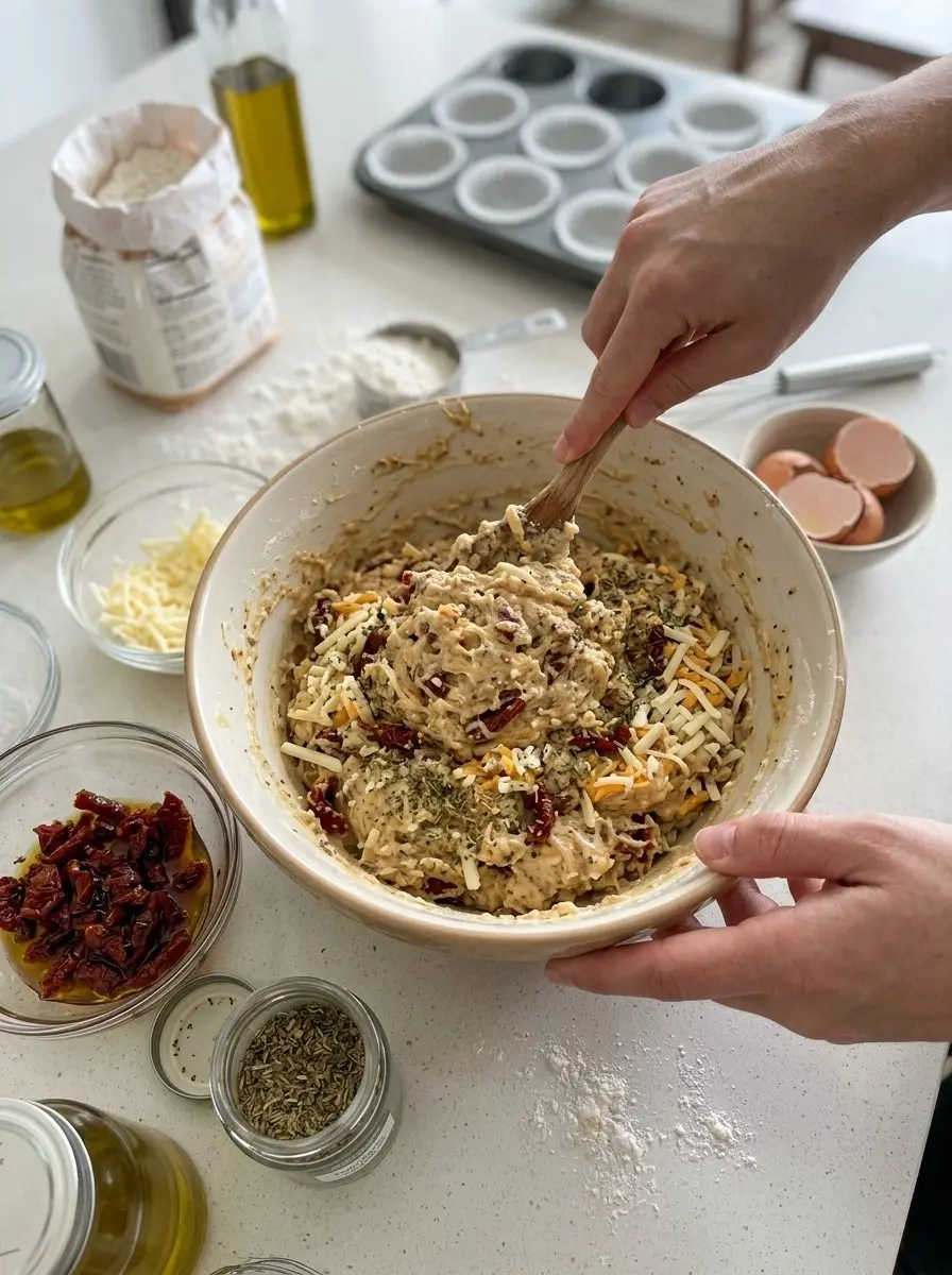 Sundried Tomato Mozzarella Breakfast Muffins 5 Folding shredded cheese, sundried tomatoes and herbs into savory breakfast muffin batter in a large bowl