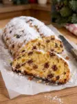 Traditional German Butterstollen 6 Sliced traditional German butterstollen dusted with powdered sugar, showing raisins, almonds, and candied peel in the crumb