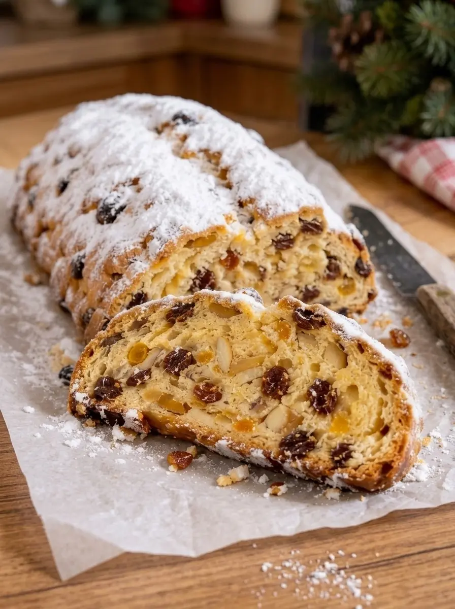 Sliced traditional German butterstollen dusted with powdered sugar, showing raisins, almonds, and candied peel in the crumb