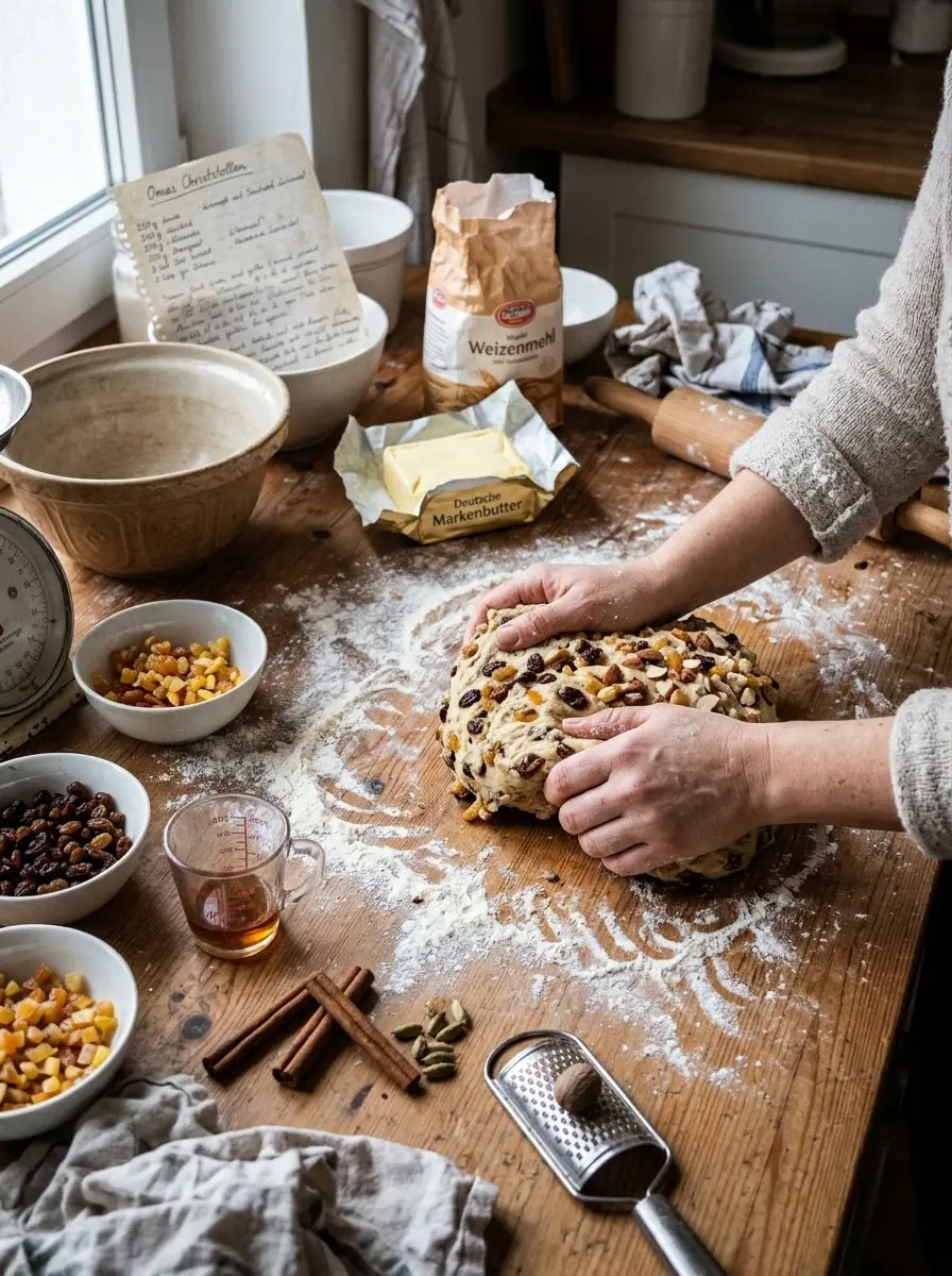 Traditional German Butterstollen 5 Kneading fruit and almond studded dough on a floured wooden table for traditional German butterstollen