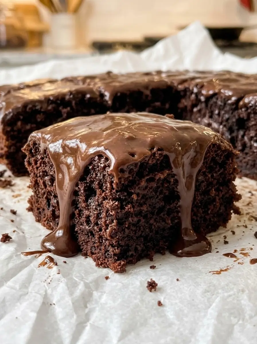 A square slice of triple chocolate cake with hot fudge sauce dripping down the side of the moist chocolate cake
