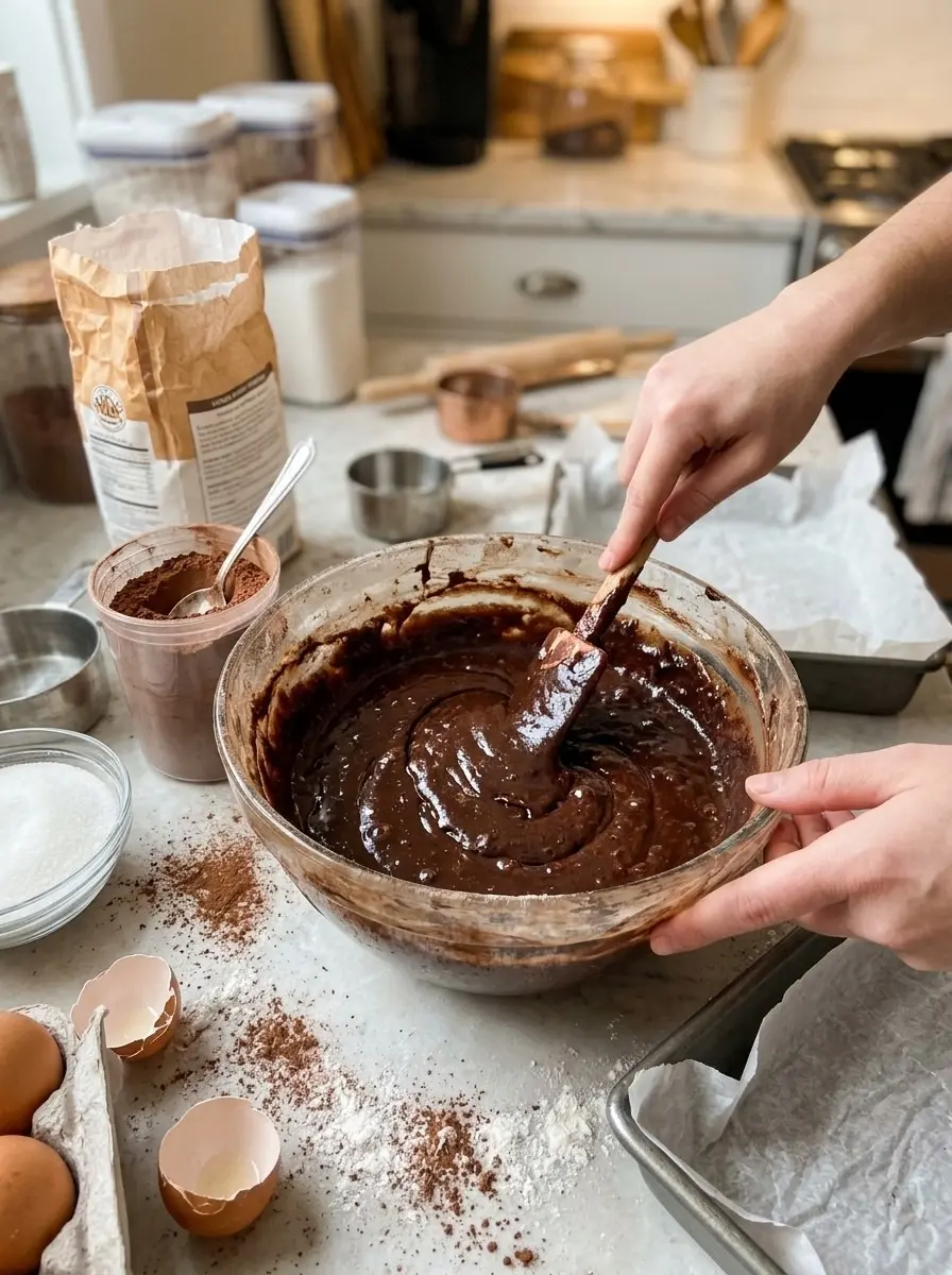Triple Chocolate Cake with Hot Fudge Sauce 5 Stirring thick chocolate batter in a glass bowl for triple chocolate cake with hot fudge sauce