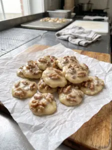 Vanilla pecan pralines, creamy white chocolate pralines topped with pecans and walnuts, on parchment paper