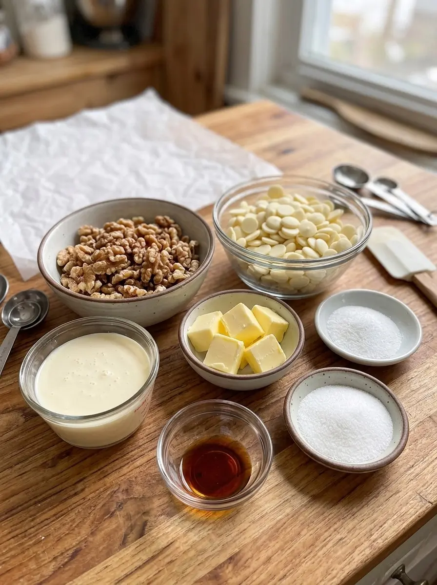 Vanilla Pecan Pralines 4 Ingredients for vanilla pecan pralines: walnuts, white chocolate chips, butter, milk, sugar and vanilla