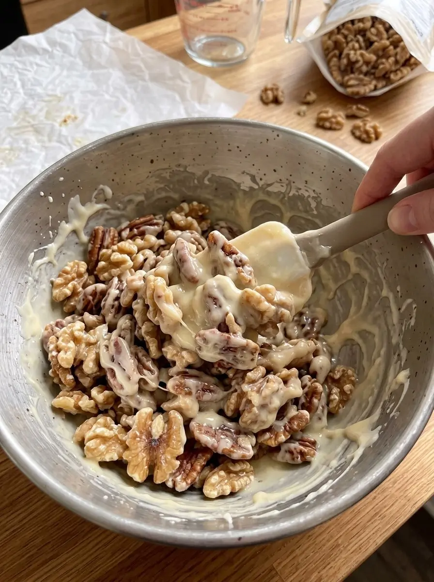 Vanilla Pecan Pralines 5 Stirring pecans and walnuts into creamy white chocolate praline mixture in a metal bowl