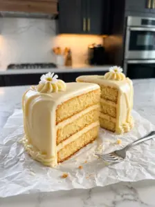 Slice of three-layer vanilla velvet cake with vanilla buttercream frosting and daisies on top