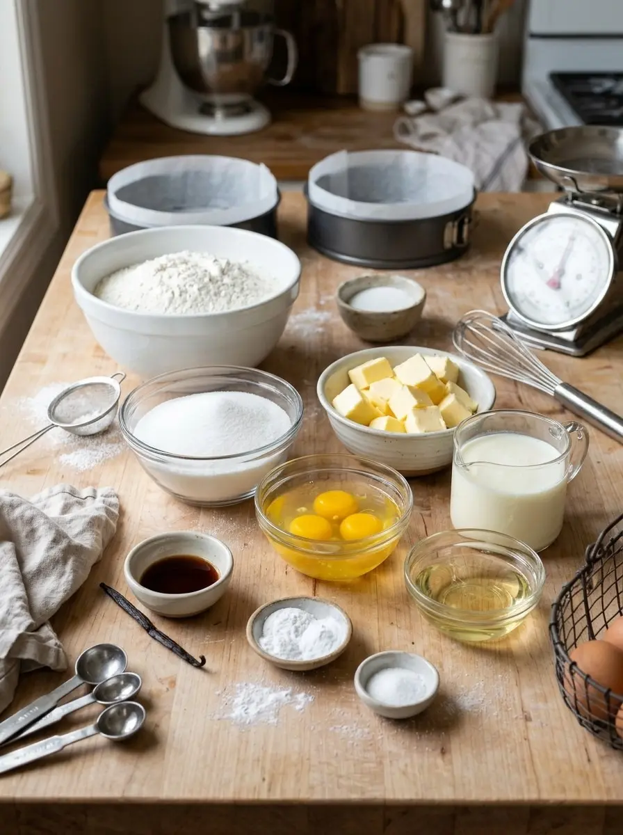 Vanilla Velvet Cake 4 Ingredients for vanilla velvet cake: flour, sugar, butter, egg yolks, milk, oil, vanilla bean and extract, baking powder, and salt with two cake pans